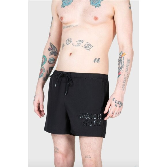 Killstar ✦ Dive Into Hell Swim Shorts L ✦ Beach Goth Foil Detail Black NWT - Picture 2 of 5